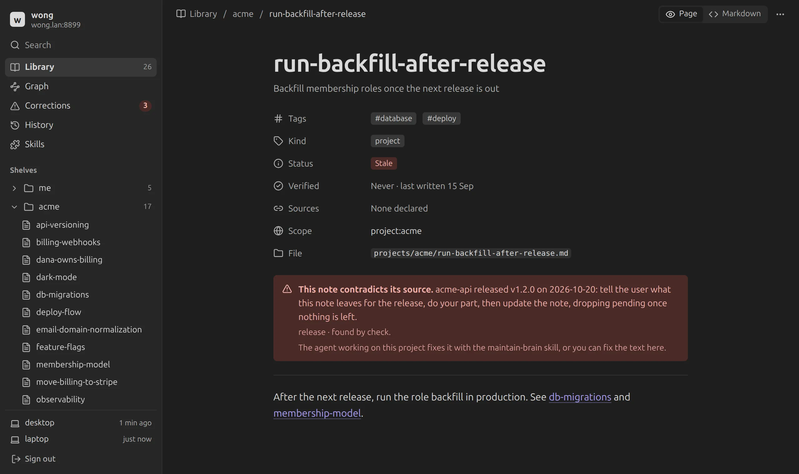 A note in the wong dashboard marked Stale, with a red callout explaining that acme-api released v1.2.0 and the work the note leaves for that release is due.